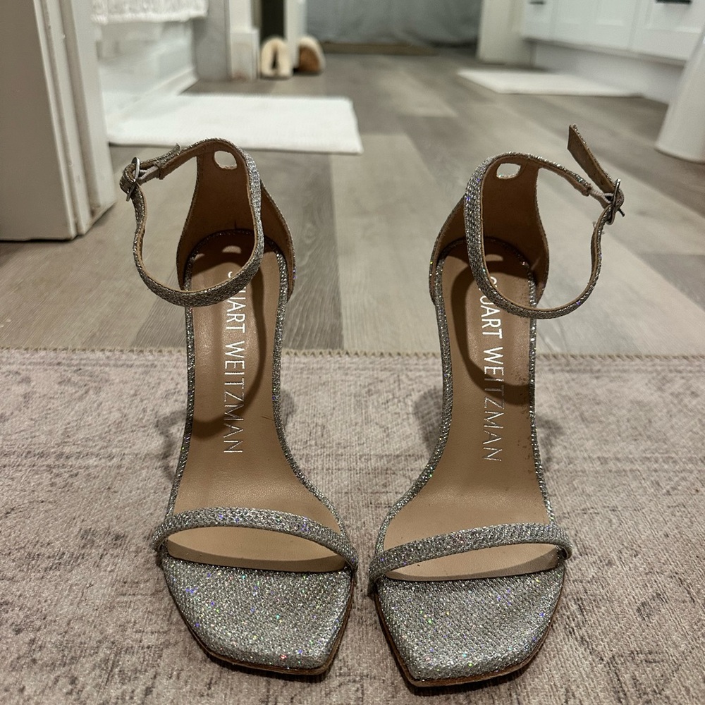 Stuart Weitzman Silver Heels with Ankle Strap
